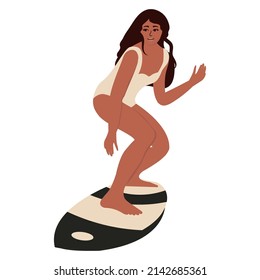 dark-skinned woman stands on a surfboard, riding, isolated on a white background, vector illustration