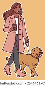Dark-skinned woman in stylish coat walks dog with coffee cup on autumn day, enjoying seasonal weather and casual outdoor mood