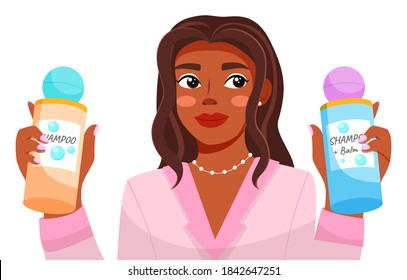 Dark-skinned young beautiful girl in pink jacket, closeup. Girl holds shampoo and balm. Young female with curly hair. Hair care master class. Blogger, streamer, model, video broadcast. Flat image