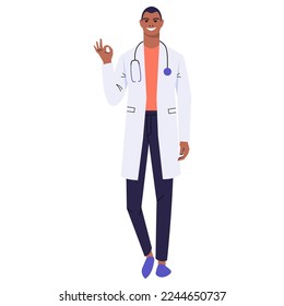 Dark-skinned young doctor shows ok. A smiling medical worker gestures to show that everything is fine and perfect. A character with a stethoscope and a white coat. Flat vector isolated on white.