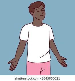 Dark-skinned young man stands with eyes closed and arms open, practicing breathing and mindfulness for inner peace and mental health