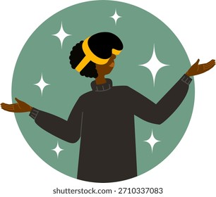 Jovem de pele escura, usando fone de ouvido de realidade virtual com fundo circular, braços estendidos, gesto de surpresa ou maravilha, estrelas cintilantes ao seu redor. Pessoas e conceitos de tecnologia.