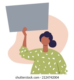 Dark-skinned young woman with blank banner, poster, blackboard. Vector illustration in flat style isolated on white background.