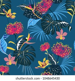 Darkt tropical pattern with exotic forest. Colorful original stylish floral background print, bright rainbow flower on stylish dark blue color vector seamless beautiful hand drawn style.
