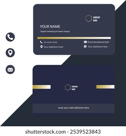 Dark-themed business card template with gold accents, rounded corners, and a modern layout. includes contact icons and space for personal and company details.