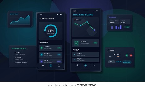 Dark-themed cryptocurrency trading interface displaying live charts, price trends, and financial data with neon blue and green accents on multiple screens.