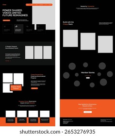 IU de página de aterrissagem web descentralizada com tema escuro para Civexa. Layout moderno com destaques laranja, tipografia em negrito, design focado em governança e componentes modulares.