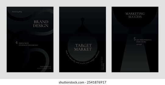 Dark-themed marketing templates with bold text. Brand design, target market, and marketing success highlighted. Sleek, modern design for marketing strategies. Black business vector template set.