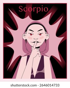 Dark-themed vector of Scorpio zodiac sign as a strong, mysterious woman with intense eyes and symbolic accessories. Great for gothic or esoteric illustration projects.