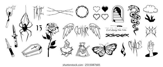 Darkwave gothic and emo aesthetics, art and flash tattoo 90s, 00s. Y2K culture, emo-themed and goth. dark symbolism and subcultures. 
Flash tattoo in darkwave style. Teenage feelings. Vector graphic