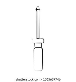 A dark-white crosshead screwdriver icon for screwing and unscrewing screws and screws, on the head of which there is a slot, groove. Construction metalwork tool. Vector illustration.