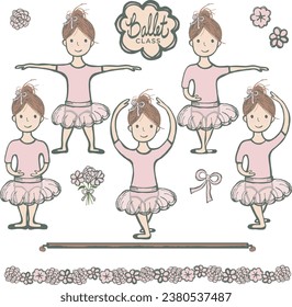 A darling collection of little red haired ballerinas with flowers, tutus and a ribbon bow.
