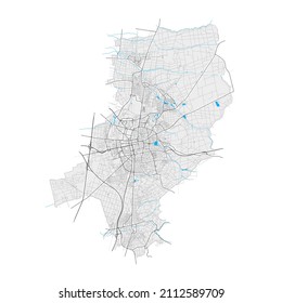 Darmstadt, Hessen, Deutschland, hochauflösende Vektorkarte mit Stadtgrenzen und bearbeitbaren Wegen. Weiße Umrisse für Hauptverkehrsstraßen. Viele detaillierte Wege. Blaue Formen und Linien für das Wasser.