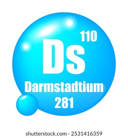 Icono de Darmstadtium. Como elemento químico. Número atómico 110. Masa 281. Esfera azul brillante.