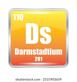 Icono de Darmstadtium. Como elemento químico. Número atómico 110. Masa 281. Cuadrado naranja brillante.