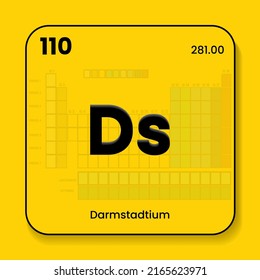 Darmstadtium das Periodensystem von Elementen mit Namen und Symbol und Atomnummer und Gewicht. Vektorsymbol-Illustration auf gelbem Hintergrund mit transparentem Elementhintergrund