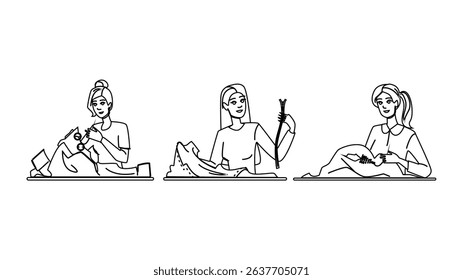 darning repair cloth woman vector. stitching hemming, alterations embroidery, knitting crocheting darning repair cloth woman character. people black line pencil drawing illustration