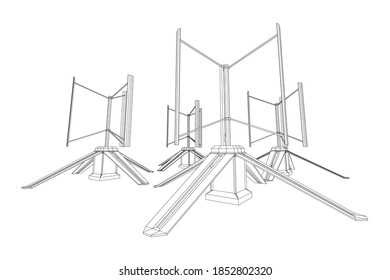 Darrieus wind turbine. Windmill generator wireframe low poly mesh. Vector illustration