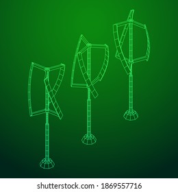 Darrieus wind turbine. Windmill generator wireframe low poly mesh. Vector illustration