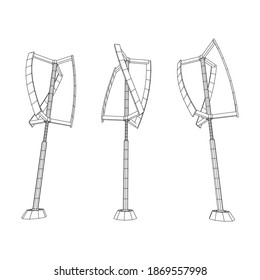 Darrieus wind turbine. Windmill generator wireframe low poly mesh. Vector illustration
