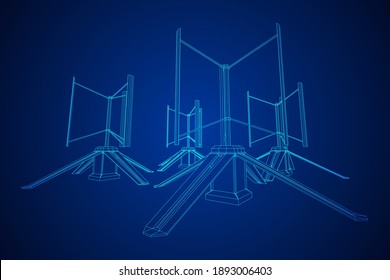 Darrieus wind turbine. Windmill generator wireframe low poly mesh. Vector illustration
