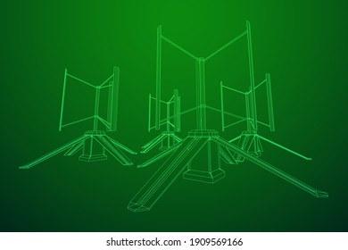 Darrieus wind turbine. Windmill generator wireframe low poly mesh. Vector illustration