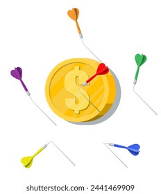 Dart arrow in coin target. Goal setting. Smart goal. Business target concept. Achievement and success. Vector illustration in flat style