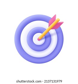 Dart arrow hit the center of target. Business finance target, goal of success, target achievement concept. 3d vector icon. Cartoon minimal style.