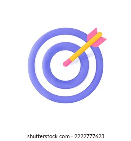 Dart arrow hit the center of target. Business finance target, goal of success, target achievement concept. 3d vector icon. Cartoon minimal style.