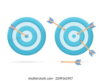 Dart arrow hit the center of target and missed hitting target. Business finance target, goal of success, target achievement concept