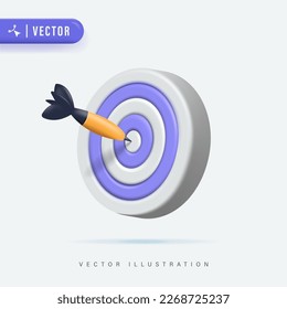 Dart arrow hit the center of target. Business finance target, goal of success, target achievement concept. 3d vector icon. Cartoon minimal style.