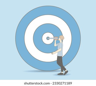 Dart arrow hit the center of target. Business finance target, goal of success, target achievement concept. 2d vector icon. Cartoon minimal style