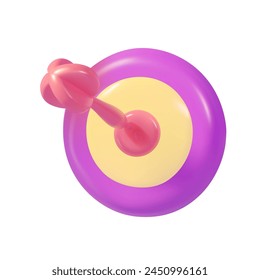La flecha de dardo golpeó el centro del objetivo. Concepto de objetivo, éxito, logro de la financiación de negocios. Icono de Vector 3d. Dibujos animados estilo minimalista.