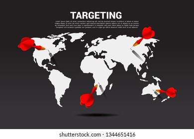 dart arrow hit on world map. Business Concept of global marketing target and customer.Company vision mission and goal.