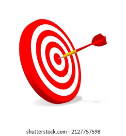 Dart arrow hits the center of the dartboard. Focus on target, business success, marketing goal, achievement concept. 3D isolated vector for presentation, infographic, website, apps and other uses. 