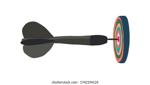 Dart arrow hits the target in side view isolated on white background. Concept of success 
