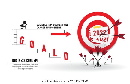 flecha de dardo golpeando en el centro objetivo de dartboard con los nuevos objetivos de 2022. ilustración vectorial