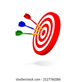 Dart arrows hit the center of the dartboard. Focus on target, business success, marketing goal, achievement concept. 3D isolated vector for presentation, infographic, website, apps and other uses.