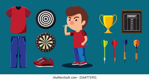 Dart athletics player cartoon and equipment set such as dart, archer, trophy, score, shoe. Objects isolated on a blue background.