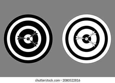 Dart board with 3 arrows hitting bullseye black white outline