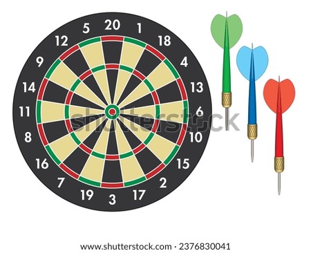 dart board with 3 darts, green, blue and red isolated on a white background