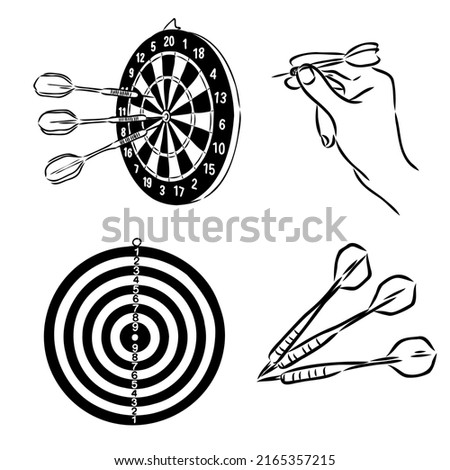 Dart board with arrow in the centre. Goal achieving concept. Sketch icon on white background. Vector illustration.