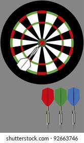 Dart board and darts colored on a gray background