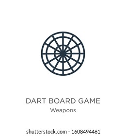 Dart board game icon. Thin linear dart board game outline icon isolated on white background from weapons collection. Line vector sign, symbol for web and mobile