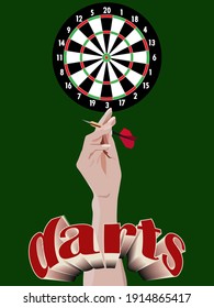 dart board with a hand holding a dart and a volumetric darts inscription