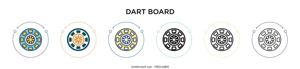 Dart board icon in filled, thin line, outline and stroke style. Vector illustration of two colored and black dart board vector icons designs can be used for mobile, ui, web