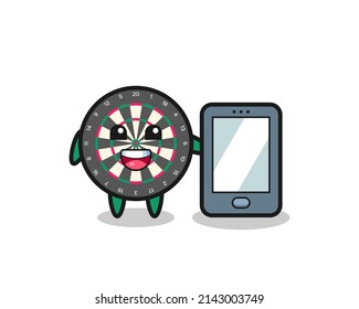 dart board illustration cartoon holding a smartphone , cute design