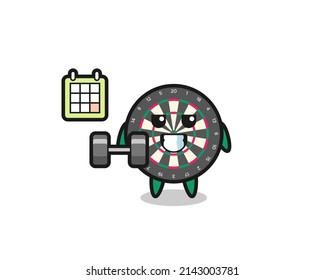 dart board mascot cartoon doing fitness with dumbbell , cute design