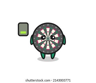 dart board mascot character doing a tired gesture , cute design