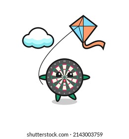 dart board mascot illustration is playing kite , cute design